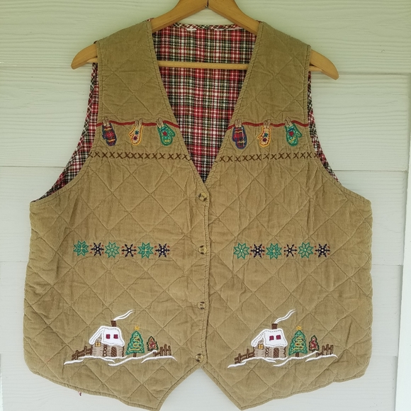 Vintage Christmas Vest Button Front Corduroy Quilted Plaid Back Holiday Vest - Picture 5 of 10